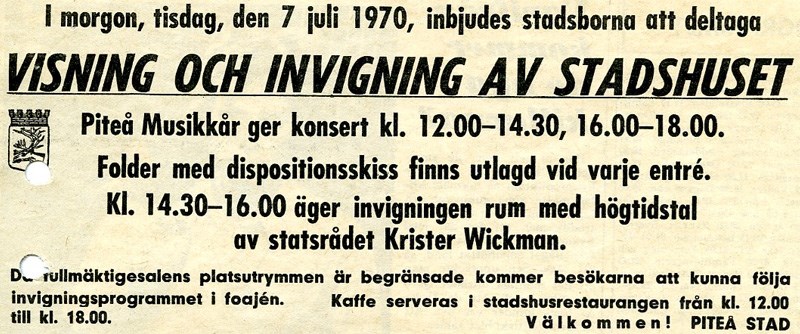 Annonsen i lokalpressen inför invigningen av Stadshuset 1970