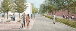 Visionsskiss: Den nya Västergatan – Länken mellan den gamla stadskärnan och den nya stadsdelen Västermalm är en lummig stadsgata där gående och cyklister är prioriterade. 